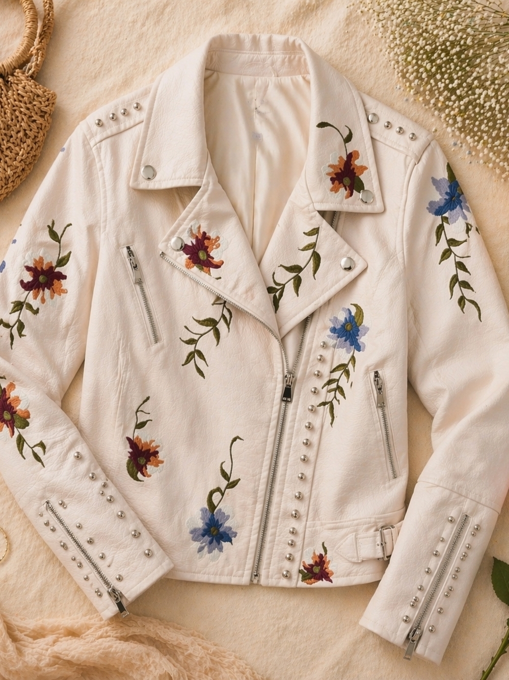 Embroidered Blush Floral Moto Jacket | Studded Soft Edge Statement Piece